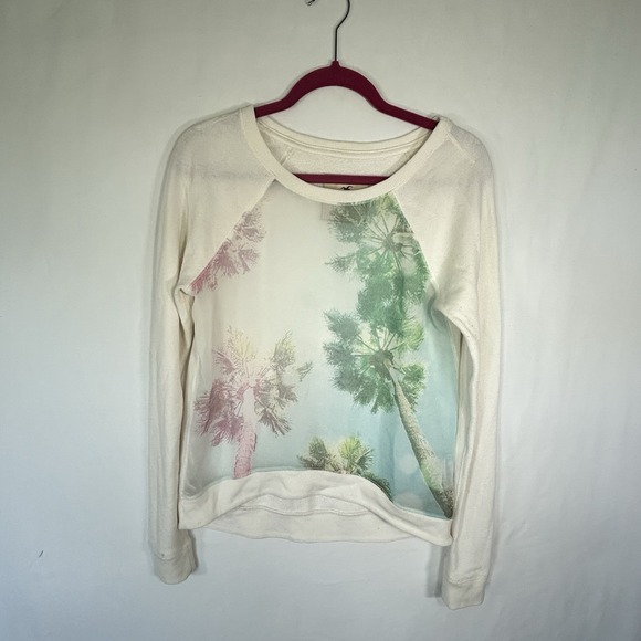 Hollister Sweaters - Hollister Womens Sweater Medium White Sheer Front Long Sleeve Pullover Tropical